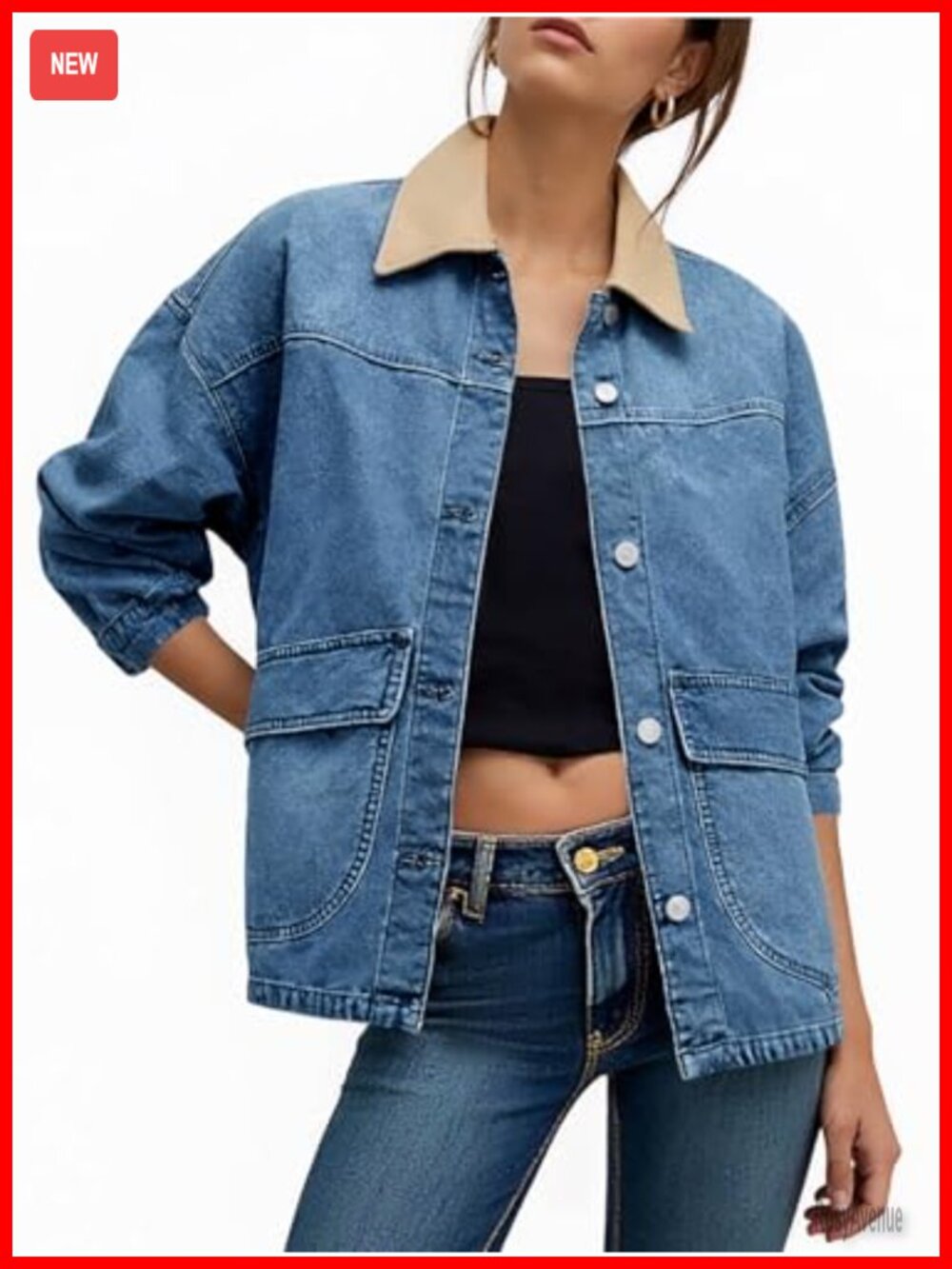 Oversized Denim Jacket Contrast Canvas Collar Button Down with Pockets